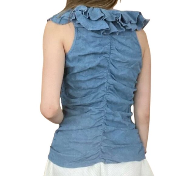 Women's 8 Boston Proper Chambray Ruffle Sleeveless Blouse - Picture 3 of 9